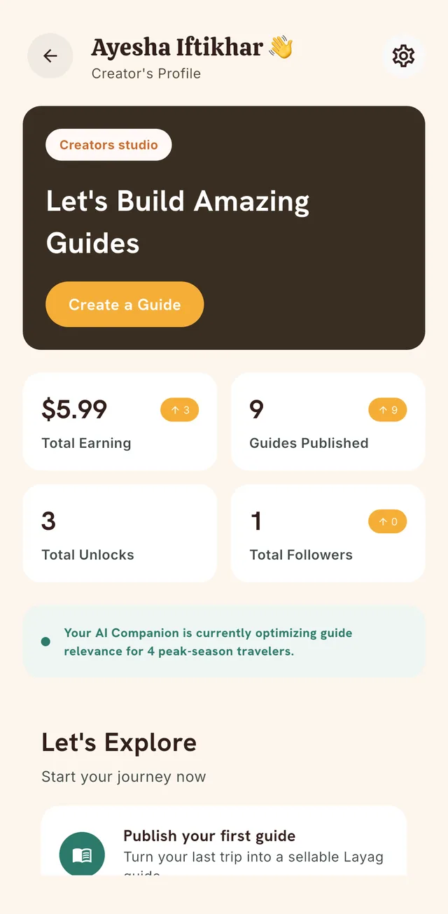 Creator Studio dashboard with Create a Guide button and stats for earnings, guides published, unlocks and followers.