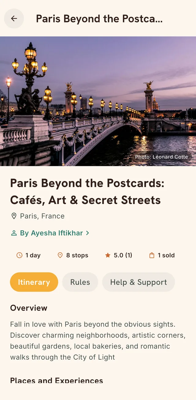 A creator guide, Paris Beyond the Postcards, with Itinerary, Rules and Help & Support tabs.