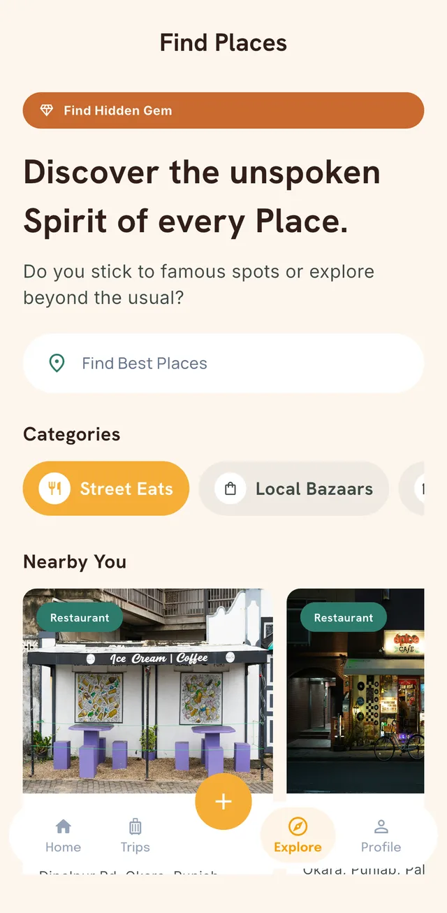 Find Places screen with categories like Street Eats and Local Bazaars and nearby restaurants.