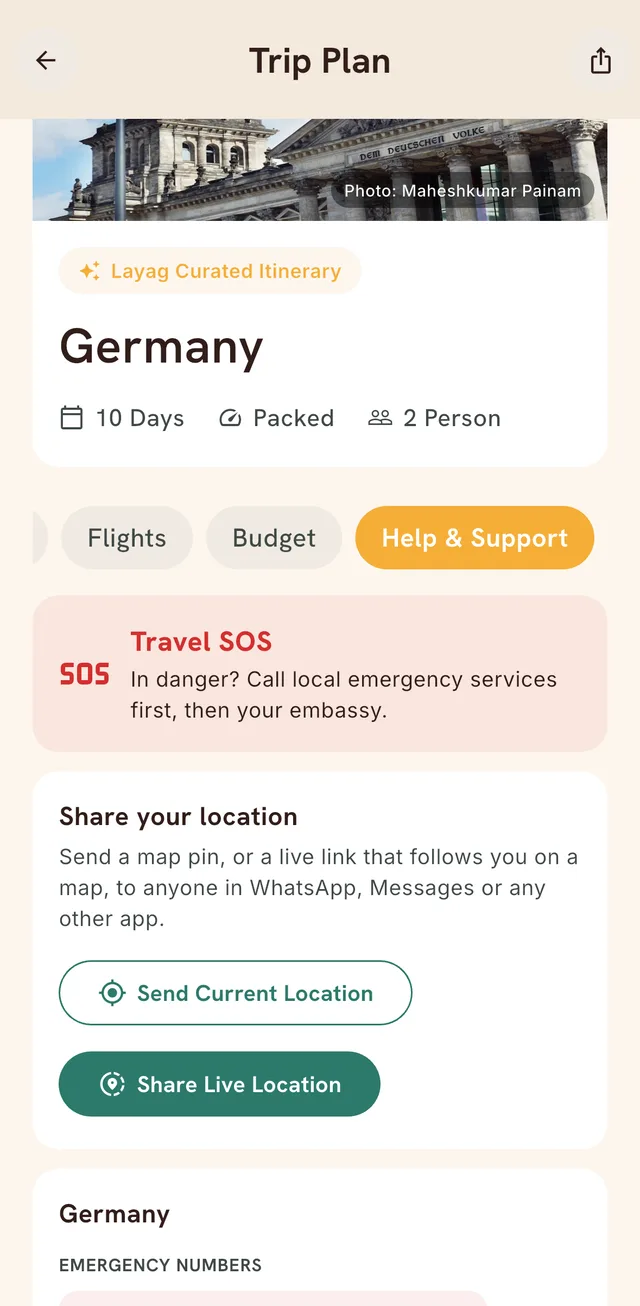 Help & Support tab with a Travel SOS banner and Send Current Location and Share Live Location buttons.