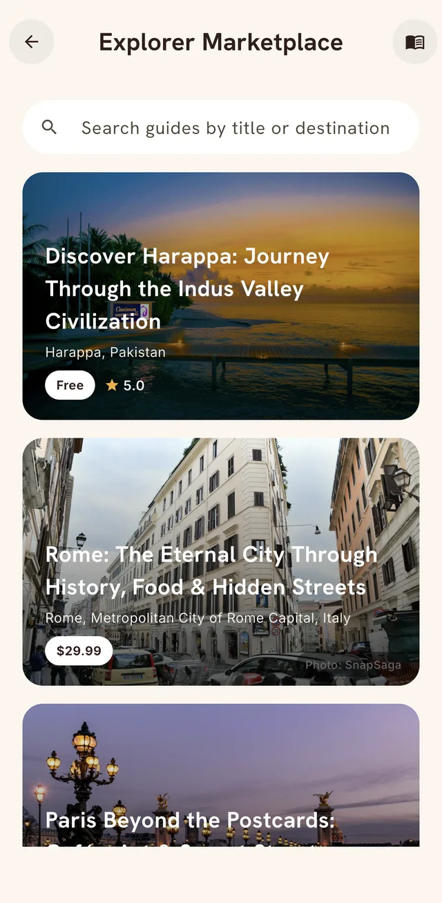 Explorer Marketplace listing creator guides for Harappa, Rome and Paris with prices and ratings.