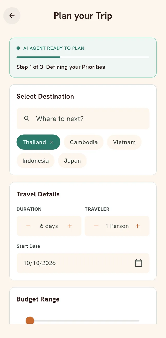 Plan your Trip form with destination chips, duration, number of travelers, start date and budget range.