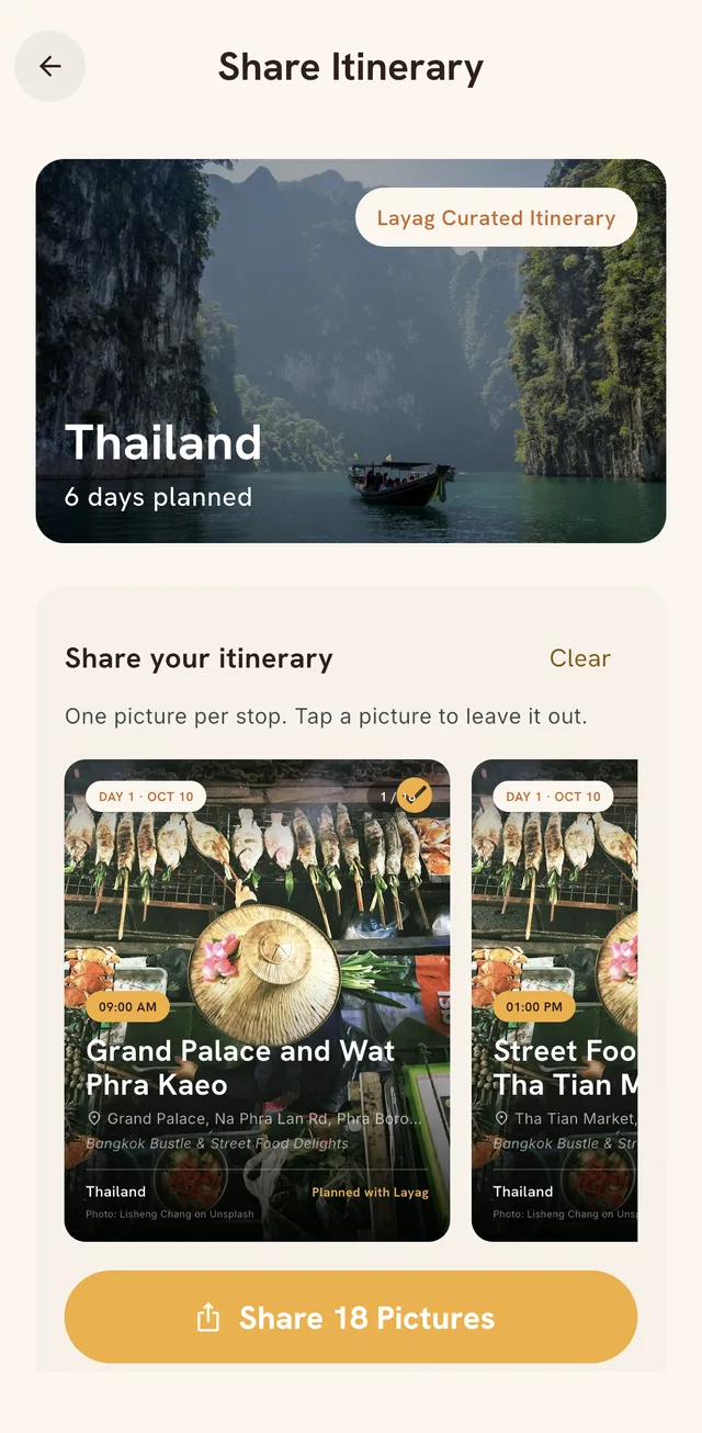 Share Itinerary screen with picture cards for each stop and a Share 18 Pictures button.