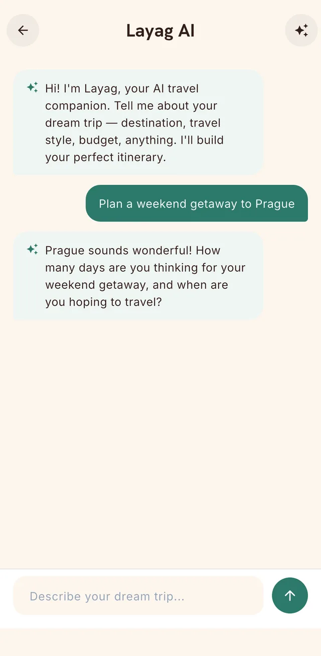Layag AI chat: the traveler asks for a weekend getaway to Prague and Layag asks how many days and when.