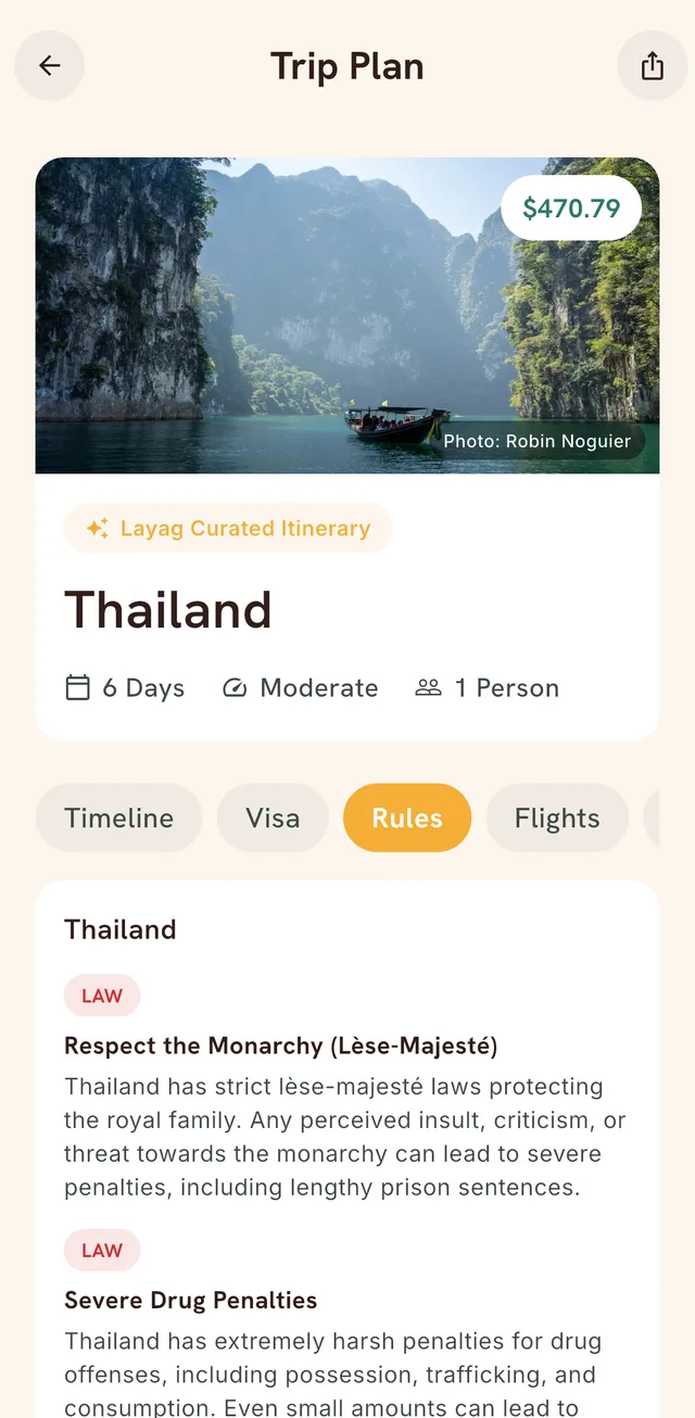 Trip Plan Rules tab for Thailand listing laws such as Respect the Monarchy (Lèse-Majesté) and Severe Drug Penalties.