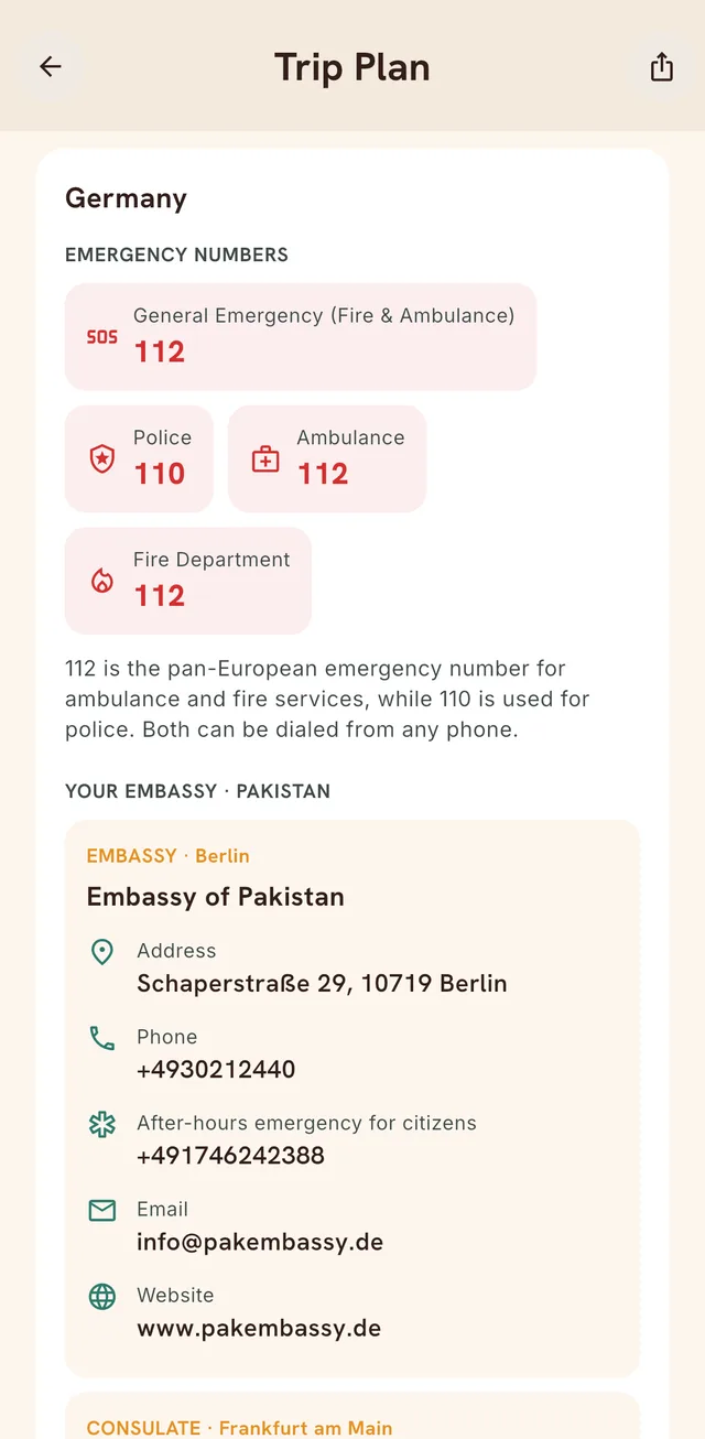 Travel SOS for Germany: emergency numbers 112 and 110, and the Embassy of Pakistan in Berlin with address and phone numbers.