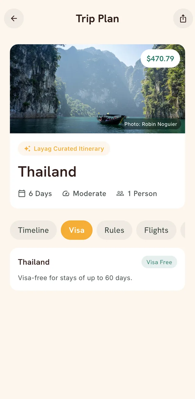 Trip Plan for Thailand on the Visa tab, showing Thailand as Visa Free for stays of up to 60 days.