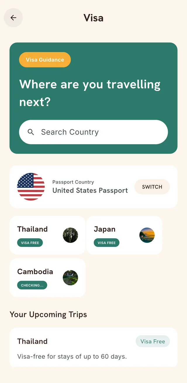 Visa screen with a United States passport selected; Thailand and Japan are marked visa free.